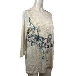 PURE JILL - WOMEN'S SMALL - TAN FLORAL LONG SLEEVE ROUND NECK TOP